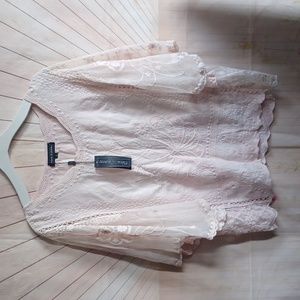 Flora Ashley Embroidery Lace Romantic Soft Pink Butterfly Sleeves Blouse Top